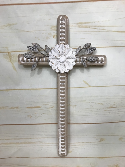 White Washed  Floral Wooden Cross